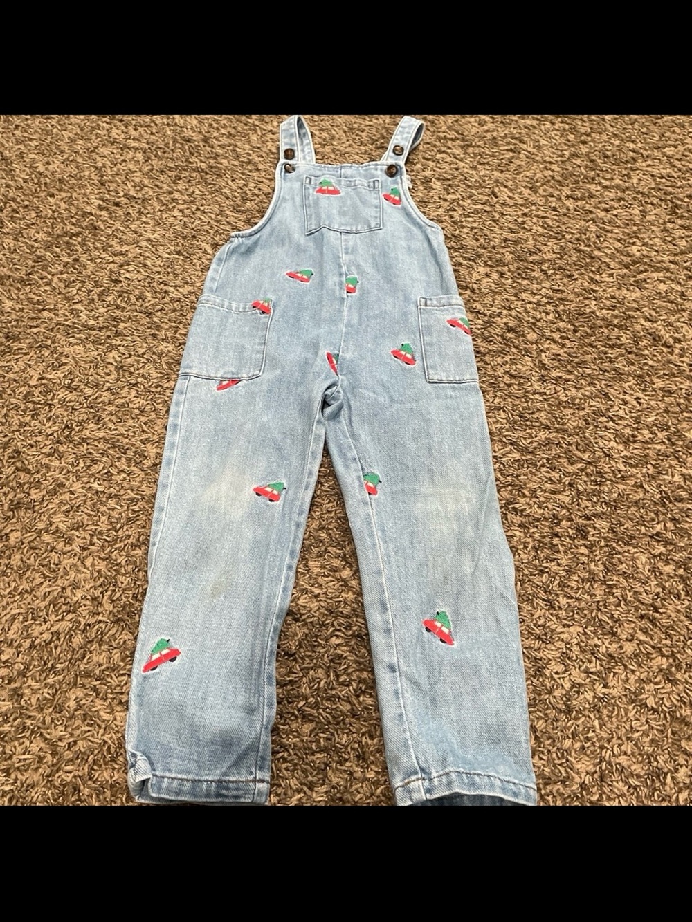 Mini Boden denim overalls with embroidered Christmas trees and cars size 3/4